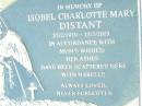 Narelle Alice DISTANT,
daughter sister,
died 2 Aug 1958 aged 18 months;
Isobel Charlotte Mary DISTANT, mum,
2521919 - 1572005,
ashes scattered with Narelle;
Helidon Catholic cemetery, Gatton Shire