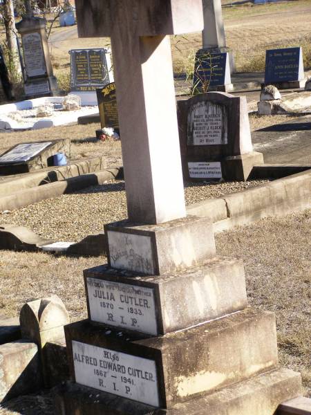 Julia CUTLER, wife mother,  | 1870 - 1933;  | Alfred Edward CUTLER,  | 1867 - 1941;  | Helidon Catholic cemetery, Gatton Shire  | 