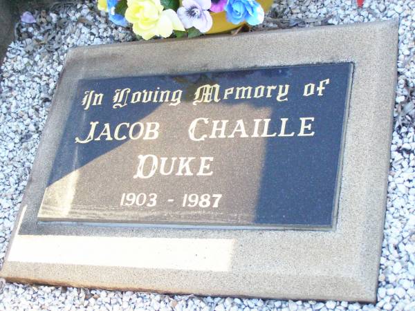 Samuel DUKE, husband father,  | died 17 Mar 1947 aged 65 years;  | Jacob Chaille DUKE,  | 1903 - 1987;  | Isabella DUKE,  | 1907 - 2001;  | Helidon Catholic cemetery, Gatton Shire  | 