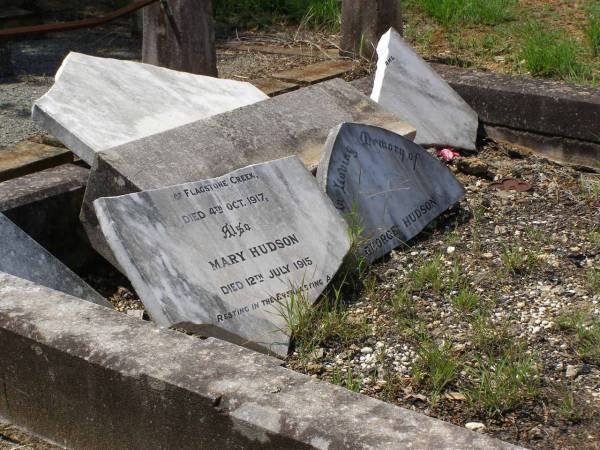 George HUDSON,  | of Flagstone Creek  | died 4 Oct 1917;  | Mary HUDSON,  | died 12 July 1915;  | Helidon General cemetery, Gatton Shire  |   | 