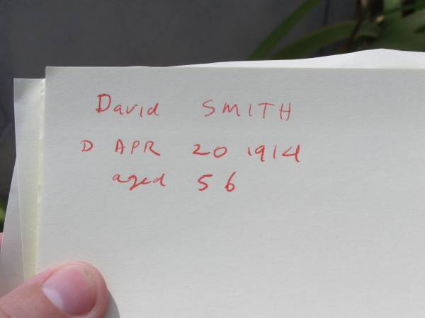 David SMITH,  | died 20 April 1914 aged 56 years;  | Helidon General cemetery, Gatton Shire  | 