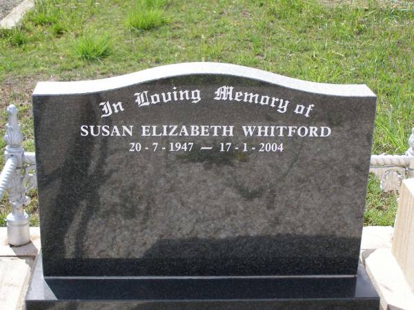 Sidney,  | husband & father of Elizabeth Helen &  | Doris Evelyn HUGHES,  | died 11 May 1917 aged 30 years;  | Elizbeth Helen HUGHES,  | died 7 July 1986 aged 92 years;  | Susan Elizabeth WHITFORD,  | 20-7-1947 - 17-1-2004;  | Helidon General cemetery, Gatton Shire  | 