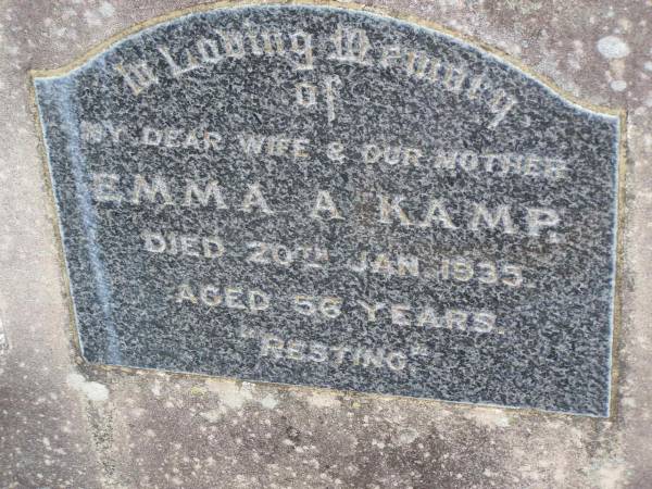 Emma A. KAMP,  | wife mother,  | died 20 Jan 1935 aged 56 years;  | Helidon General cemetery, Gatton Shire  | 
