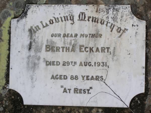 Elsie Doris GIERKE,  | daughter,  | died 9 Jan 1928 aged 3 years 8 months;  | Bertha ECKART,  | mother,  | died 29 Aug 1931 aged 88 years;  | Helidon General cemetery, Gatton Shire  | 