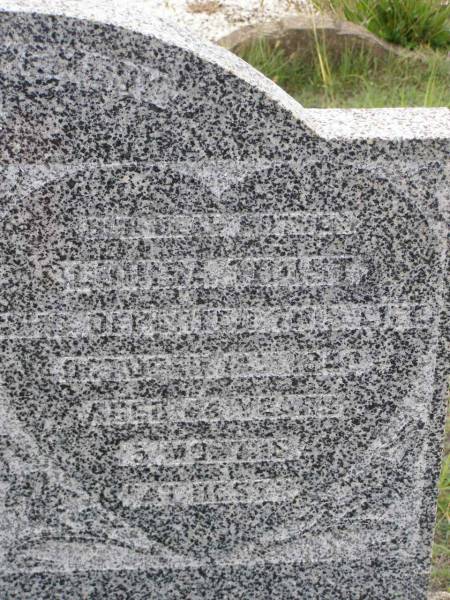 Adolf TROST,  | father,  | died 29 July 1937 aged 67 years 2 months;  | Louisa TROST,  | mother,  | died 14 Oct 1940 aged 64 years 5 months;  | Helidon General cemetery, Gatton Shire  | 