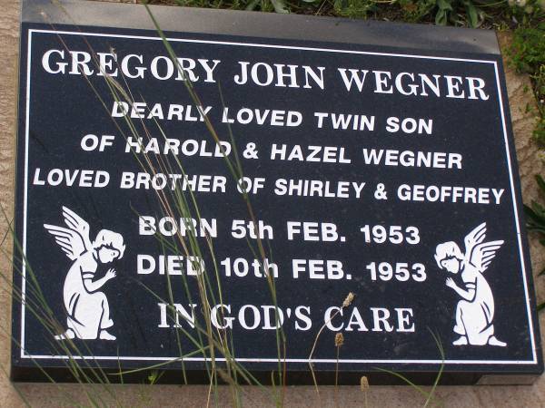 Gregory John WEGNER,  | twin son of Harold & Hazel WEGNER,  | brother of Shirley & Geoffrey,  | born 5 Feb 1953  | died 10 Feb 1953;  | Helidon General cemetery, Gatton Shire  | 