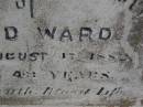 Charlotte Mary HULL,
died 3 Aug 1907 aged 27 years;
Charlotte Williams,
died 9 July 1911 aged 67? years;
Arthur Harris WARD,
died 16 Oct 1896 aged 21 years;
David WARD,
died 17 Aug 1882 aged 43 years;
Highfields Baptist cemetery, Crows Nest Shire