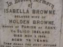 Isabella BROWNE,
wife of Holden BROWNE,
native of Parish of Asky, County Sligo, Ireland,
died 1 Nov 1918 aged 76 years;
Holden BROWNE,
husband,
native of County Sligo, Ireland,
died 4 Jan 1925 aged 86 years;
Highfields Baptist cemetery, Crows Nest Shire