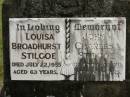 Louisa Broadhurst STILGOE,
died 22 July 1955 aged 63 years;
John Charles STILGOE,
died 24 Nov 1970 aged 82 years;
Howard cemetery, City of Hervey Bay