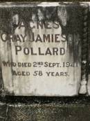 Agnes Gray Jamieson POLLARD,
died 2 Sept 1941 aged 58 years;
Captain John Henry POLLARD,
died 24 Dec 1942 aged 61 years;
Howard cemetery, City of Hervey Bay