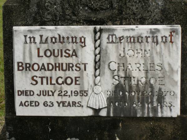 Louisa Broadhurst STILGOE,  | died 22 July 1955 aged 63 years;  | John Charles STILGOE,  | died 24 Nov 1970 aged 82 years;  | Howard cemetery, City of Hervey Bay  | 