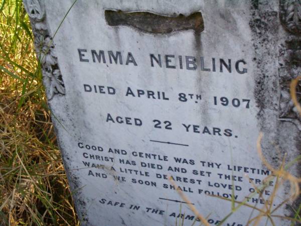 Emma NEIBLING, wife,  | died 8 April 1907 aged 22 years;  | Hoya/Boonah Baptist Cemetery, Boonah Shire  | 