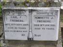 Carl F FREIBERG
d: 27 Sep 1924, aged 82
Henriette J FREIBERG
d: 9 Jan 1921, aged 75
Hoya Lutheran Cemetery, Boonah Shire