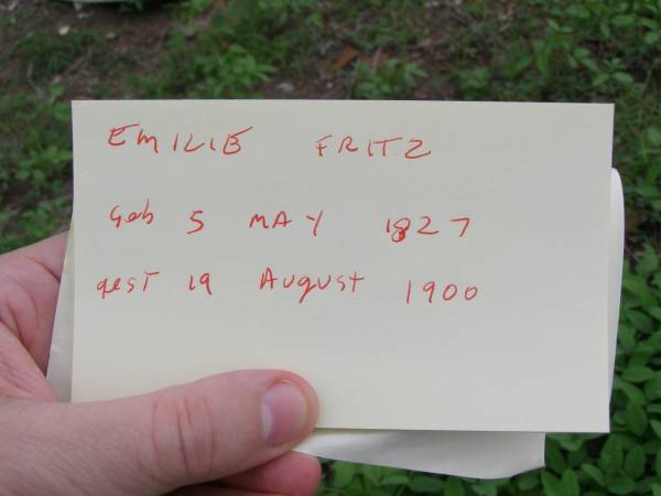 Emilie FRITZ  | geb 5 May 1827, gest 19 Aug 1900  | Hoya Lutheran Cemetery, Boonah Shire  |   | 