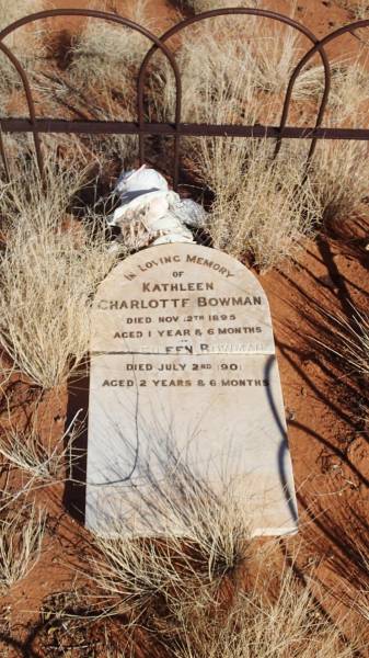 Kathleen Charlotte BOWMAN  | d: 12 Nov 1895 aged 1 year 6 months  |   | Eileen BOWMAN  | d: 2 Jul 1901, aged 2 years 6 months  |   | JC pub ruins, Canterbury, Barcoo Shire, QLD  | Copyright: Nicholas Fletcher, 2017  | 