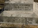 Fredreck WOCKNER,
died 2 Nov 1905 aged 66 years 9 months;
Andrew Henry WOCKNER,
born 21? April 1875,
died fatal accident passing Whites Gate
11 Dec 1897 aged 22 years & 8 months;
Jondaryan cemetery, Jondaryan Shire