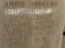 Thomas ANDREWS,
husband of Annie ANDREWS,
died 17 Oct 1885 aged 67 years;
Agnes Margaret,
daughter,
died 26? March 1890 aged 22 years;
Jondaryan cemetery, Jondaryan Shire