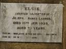 Elsie,
daughter of Joseph & Agnes LADNER,
died 15 Sep 1929 aged 22 years;
Jondaryan cemetery, Jondaryan Shire