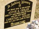 Annie E. GESLER,
wife mother,
died 17 Jan 1958 aged 58 years;
Christian L. GESLER,
father,
died 30 July 1970 aged 72 years;
Jondaryan cemetery, Jondaryan Shire