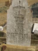 parents;
W. HODSON,
1819 - 1907;
L. HODSON,
1826 - 1913,
erected by daughter S. COCKBURN;
Jondaryan cemetery, Jondaryan Shire
