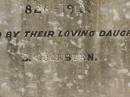 parents;
W. HODSON,
1819 - 1907;
L. HODSON,
1826 - 1913,
erected by daughter S. COCKBURN;
Jondaryan cemetery, Jondaryan Shire