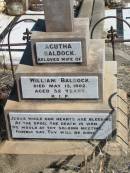 Agutha BALDOCK,
wife of William BALDOCK,
died 13 May 1902 aged 52 years;
Jondaryan cemetery, Jondaryan Shire