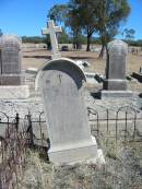 Bridget Mary CLOHESSY,
mother,
wife of David CLOHESSY,
died 16 Dec 1906 aged 33 years;
Annie CLOHESSY,
daughter,
died 4 March 1895 aged 3 years;
Jondaryan cemetery, Jondaryan Shire