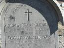 Bridget Mary CLOHESSY,
mother,
wife of David CLOHESSY,
died 16 Dec 1906 aged 33 years;
Annie CLOHESSY,
daughter,
died 4 March 1895 aged 3 years;
Jondaryan cemetery, Jondaryan Shire