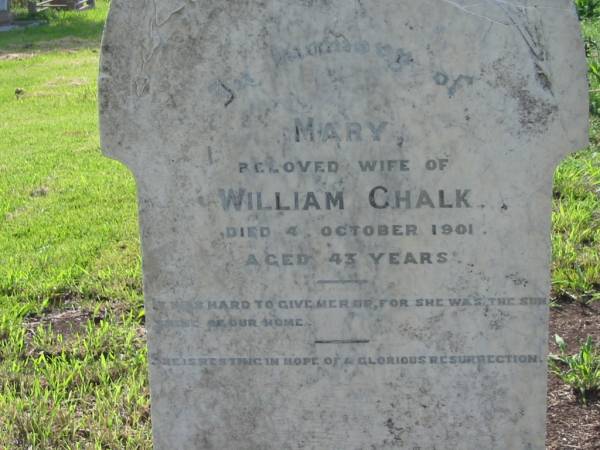 Mary, wife of William CLARK,  | died 4 Oct 1901 aged 43 years;  | Engelsburg Methodist Pioneer Cemetery, Kalbar, Boonah Shire  | 