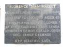 Florence Jean MALLET, formerly JONES, nee BUCHANAN,
16-10-1927 - 13-10-1993 aged 65 years,
daughters Kay & Lynda
(children of Roy Gerald JONES dec.);
Kandanga Cemetery, Cooloola Shire
