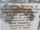 Joseph Charles SPRINGALL, husband father,
died 4 Aug 1970 aged 70 years;
Mary SPRINGALL, mother,
died 8 Sept 1973 aged 70 years;
Kandanga Cemetery, Cooloola Shire