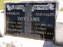 Charles BOTHAMS,
died 15 April 1957 aged 88 years;
Elizabeth BOTHAMS,
died 23 June 1944 aged 71 years;
Gladys Frances, baby,
died 6-6-14;
Kandanga Cemetery, Cooloola Shire