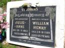 Julie-Anne STUBBINS, daughter,
died 26-4-1963 aged 11 months;
William Henry STUBBINS, father,
died 24-11-1989 aged 65 years;
Kandanga Cemetery, Cooloola Shire