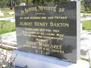Albert Henry BARTON, husband father,
died 10 Feb 1967;
Joyce Margaret, wife mother granmother (nanny),
died 29-4-95 aged 67 years;
Kandanga Cemetery, Cooloola Shire