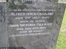 Alfred (Arch) GILLILAND, husband father,
died 2 July 1948 aged 50 years;
Doris Victoria GILLILAND, wife mother,
died 22 Nov 1965 aged 65 years;
Kandanga Cemetery, Cooloola Shire