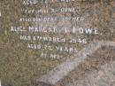 Albert Henry LOWE,
died 10 May 1941 aged 72 years;
Alice Margaret LOWE, mother,
died 8 March 1946 aged 72 years;
Kandanga Cemetery, Cooloola Shire