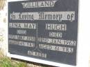 Lena May GILLILAN,
died 13 May 1958 aged 49 years;
Hugh GILLILAND,
died 22 Jan 1962 aged 61 years;
Kandanga Cemetery, Cooloola Shire