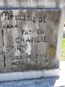 Elizabeth CARLSON, mother,
died 2 July 1953 aged 82 years;
Charlie CARLSON, father,
died 7 Oct 1959 aged 89 years;
Kandanga Cemetery, Cooloola Shire
