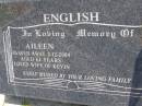 Aileen ENGLISH,
died 2-12-2004 aged 64 years,
wife of Kevin;
Kandanga Cemetery, Cooloola Shire