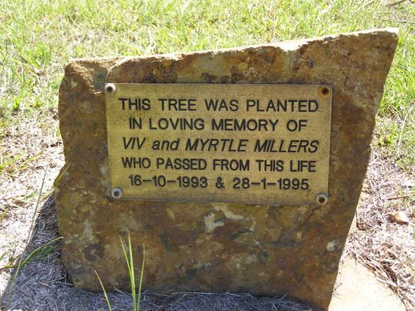 Viv MILLERS,  | died 16-10-1993;  | Myrtle MILLERS,  | 28-1-1995;  | Kandanga Cemetery, Cooloola Shire  | 