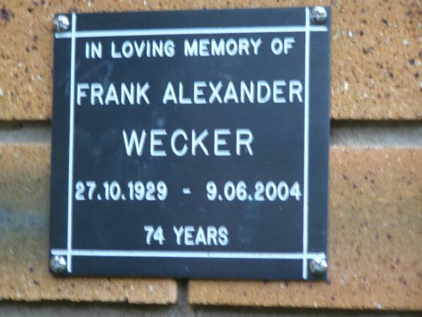 Frank Alexander WECKER  | b: 27 Oct 1929, d: 9 Jun 2004, aged 74  | Kenmore-Brookfield Anglican Church, Brisbane  | 