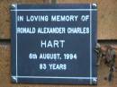 Ronald Alexander Charles HART
d: 6 Aug 1994, aged 83
Kenmore-Brookfield Anglican Church, Brisbane