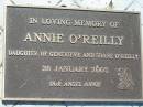 
Karma Ann OREILLY,
6-10-1937 - 12-9-1996;
Annie OREILLY,
daughter of Genevieve & Shane OREILLY,
28 Jan 2005;
St Johns Catholic Church, Kerry, Beaudesert Shire

