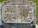 William BEER,
father,
died 8 Aug 1951 aged 85 years;
Jessie Elizabeth BEER,
wife mother,
died 9 Oct 1949 aged 70 years;
Kilkivan cemetery, Kilkivan Shire