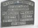 parents grandparents;
Florence SCOTT,
1875 - 1924;
William SCOTT,
1874 - 1956;
Kilkivan cemetery, Kilkivan Shire