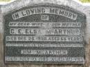 G.E. Elsa MCARTHUR,
wife mother,
died 26 Dec 1958 aged 65 years;
Jim MCARTHUR,
father grandfather,
died 10 July 1989 aged 80 years;
Kilkivan cemetery, Kilkivan Shire