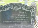 Annie C. WILLIAMS,
mother,
died 8 April 1933 aged 79 years,
erected by daughter Elizabeth;
Emanuel WILLIAMS,
father,
died 10 Dec 1910 aged 70 years;
Kilkivan cemetery, Kilkivan Shire