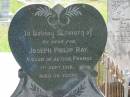 Joseph Philip RAY,
son,
killed in action France 1 Sept 1918 aged 30 years;
Catharine E. MCCORMACK,
died 1 May 1948 aged 82 years;
Kilkivan cemetery, Kilkivan Shire