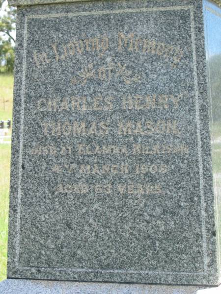 William LAURIE,  | died 14 Oct 1894 aged 73 years;  | Elizabeth,  | wife,  | died 30 Sept 1905 aged 84 years;  | Charles Henry Thomas MASON,  | died Ela?? Kilkivan 4 March 1906 aged 63 years;  | Agnes,  | wife,  | died 5 Jan 1921 aged 78 years;  | Kilkivan cemetery, Kilkivan Shire  | 