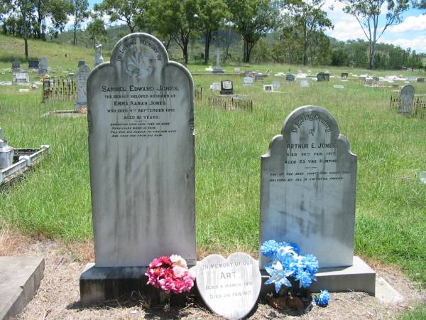 Samuel Edward JONES,  | husband of Emma Sarah JONES,  | died 4 Sept 1901 aged 61 years;  | Art,  | born 9 March 1891,  | died 26 Feb 1917;  | Arthur E. JONES,  | died 26 Feb 1917 aged 25 years 11 months;  | Kilkivan cemetery, Kilkivan Shire  | 